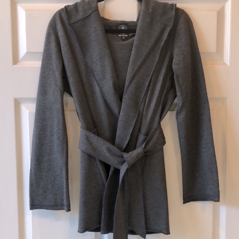 Aum-Couture Charcoal Gray Yoga Open Front Hooded Wrap Style Cozy Cardigan